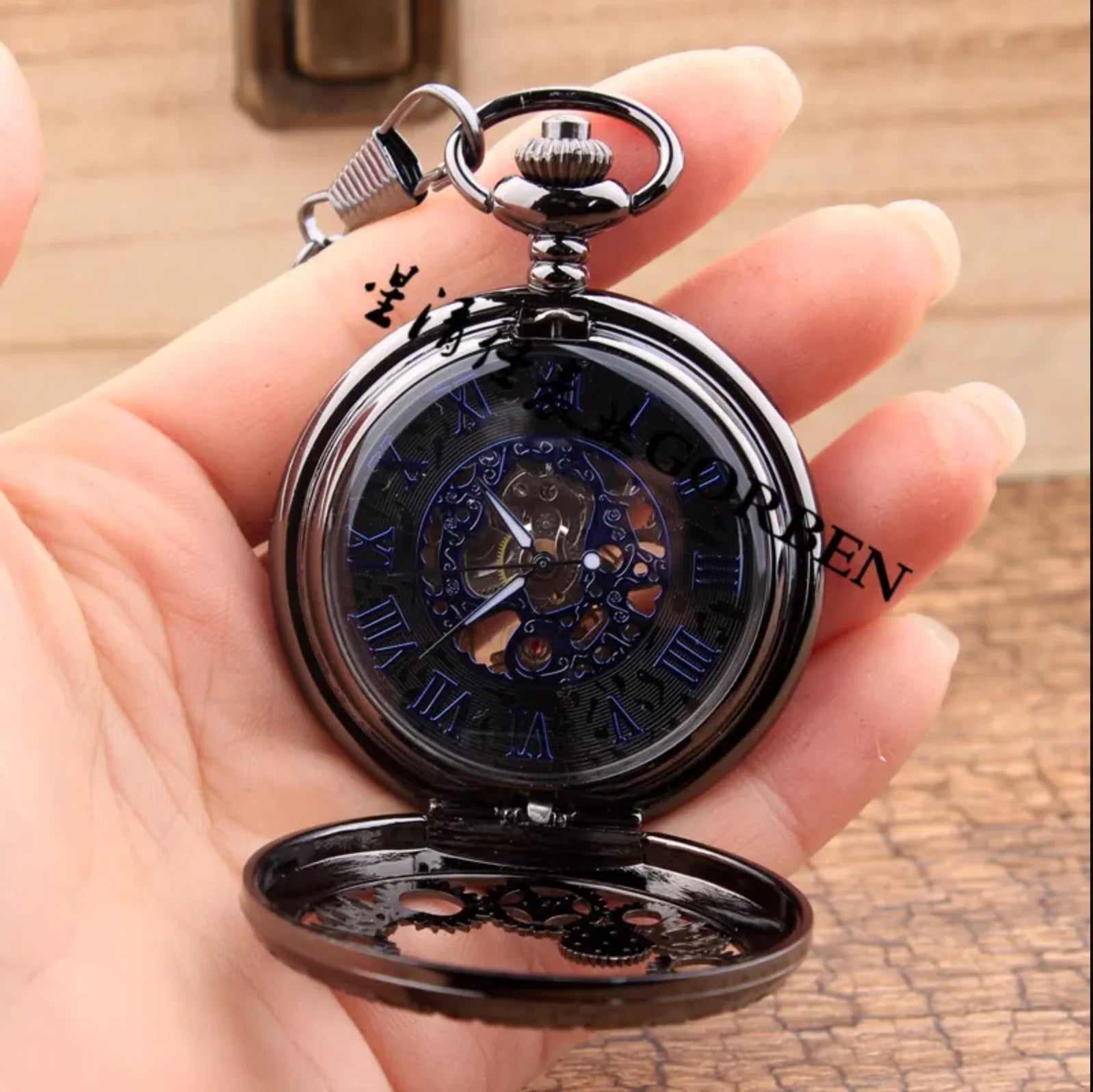 10pcs/lot Hollowed Black Gear Mechanical Pocket Watch with Chain  Pocket Watches Men Steampunk Gift Watches