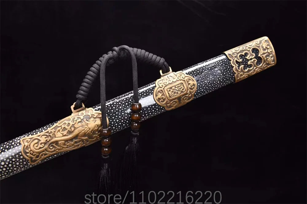 Real Kungfu Battle Sword Damascus Steel Blade Sword Chinese Qing Dynasty Jian Room Decoration Copper Parts Wrap Rayskin Sheath
