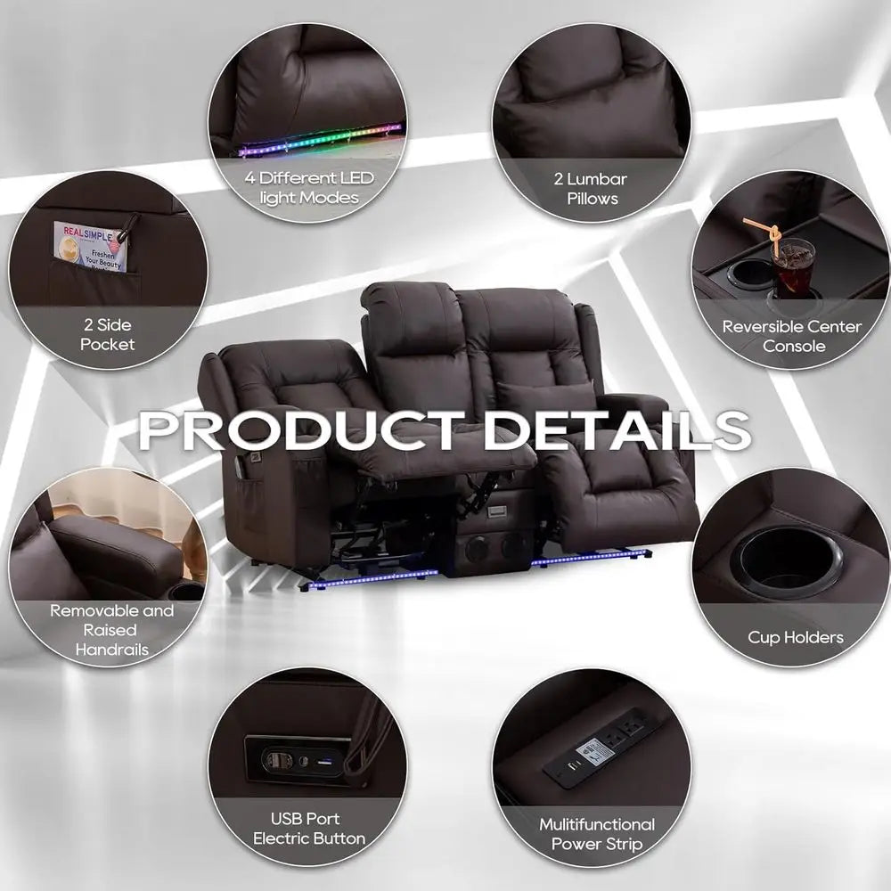 2-Seater Brown Home Theater Recliner Sofa with LED Lights, AC/USB Ports, Cup Holders, Electric Controls, Bluetooth Speaker, Mass