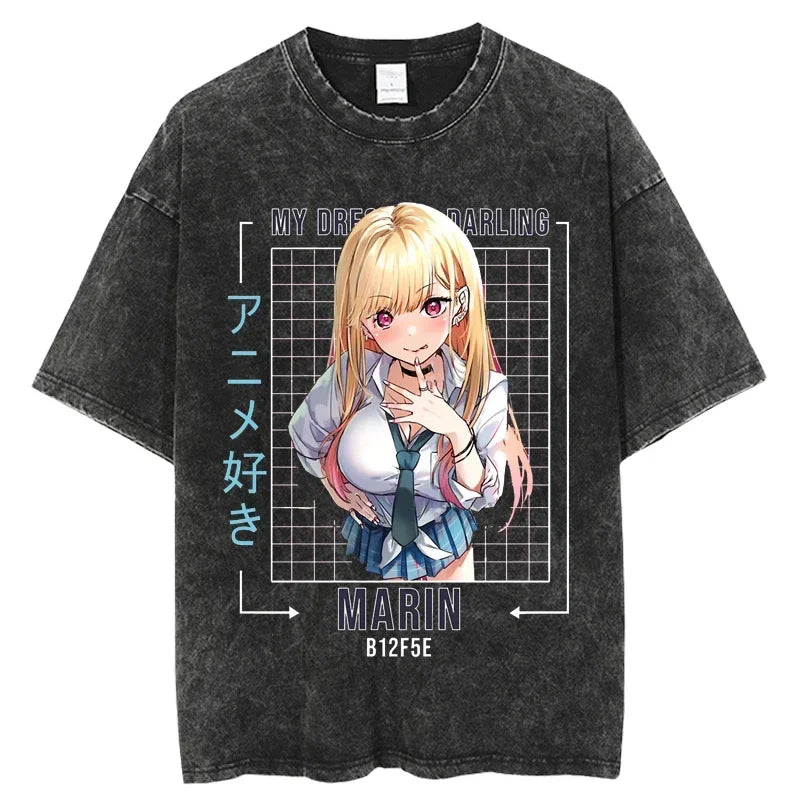 2025 My Dress Up Darling Harajuku T Shirt Men Hip Hop Vintage Washed Anime Oversized Streetwear 100% Cotton