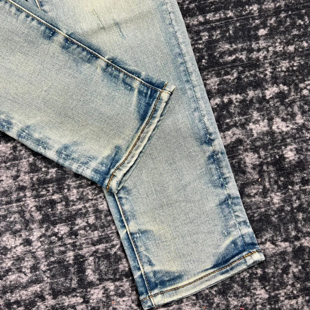 discounted men green plaid patch distressed jeans