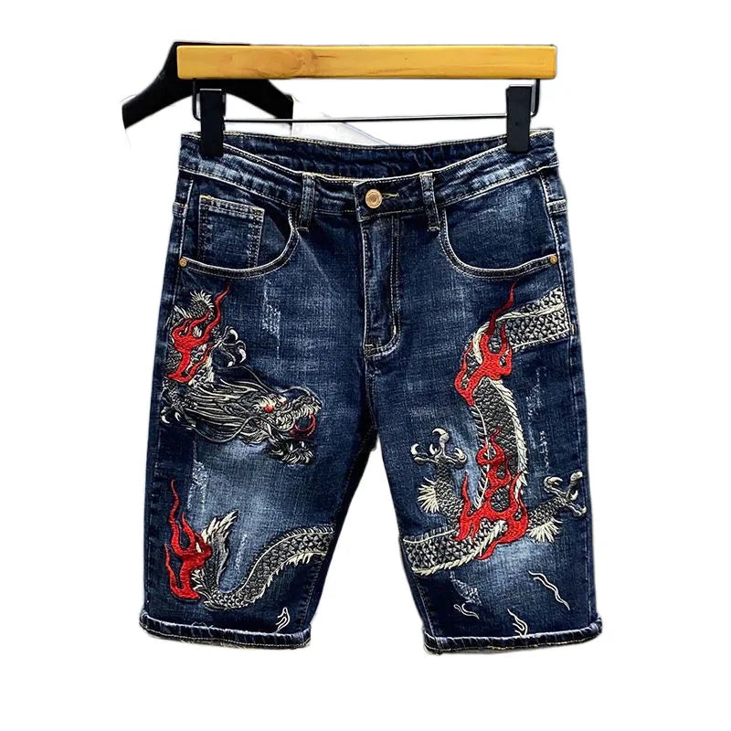 Men's Jeans Summer Dragon Embroidery Denim Shorts Fashion Street Styles Slim Fit Half Length Jean