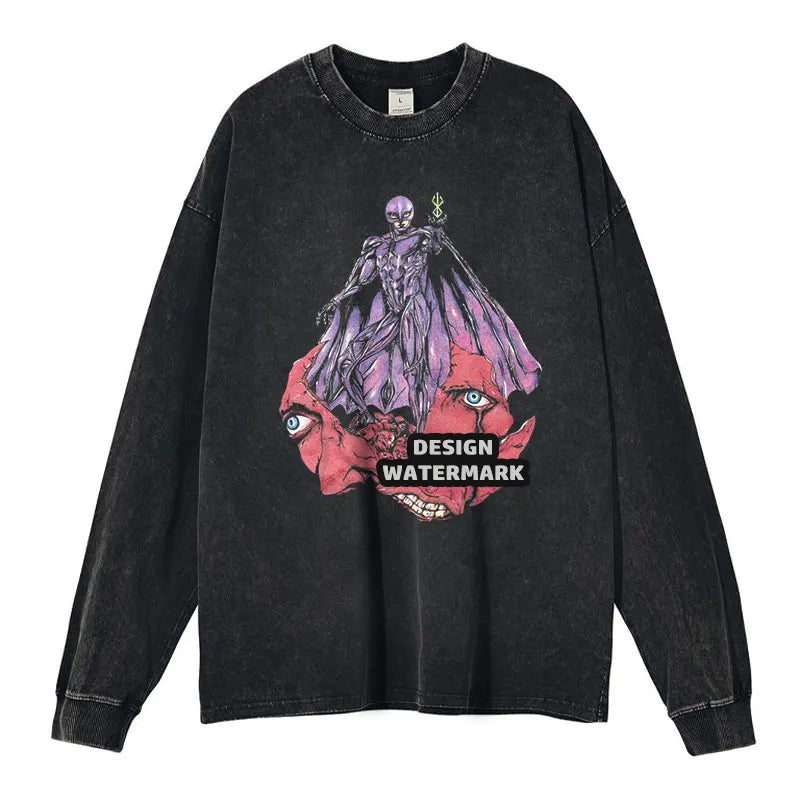 Anime Griffith Sweater Oversized Vintage Washed B -Berserk Long Sleeve T Shirt Manga Guts Pullover Zodd Sweatshirts 100% Cotton