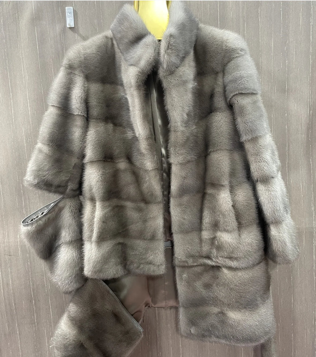 Women's natural mink fur jacket with detachable bottom sleeves, three in one long luxury jacket