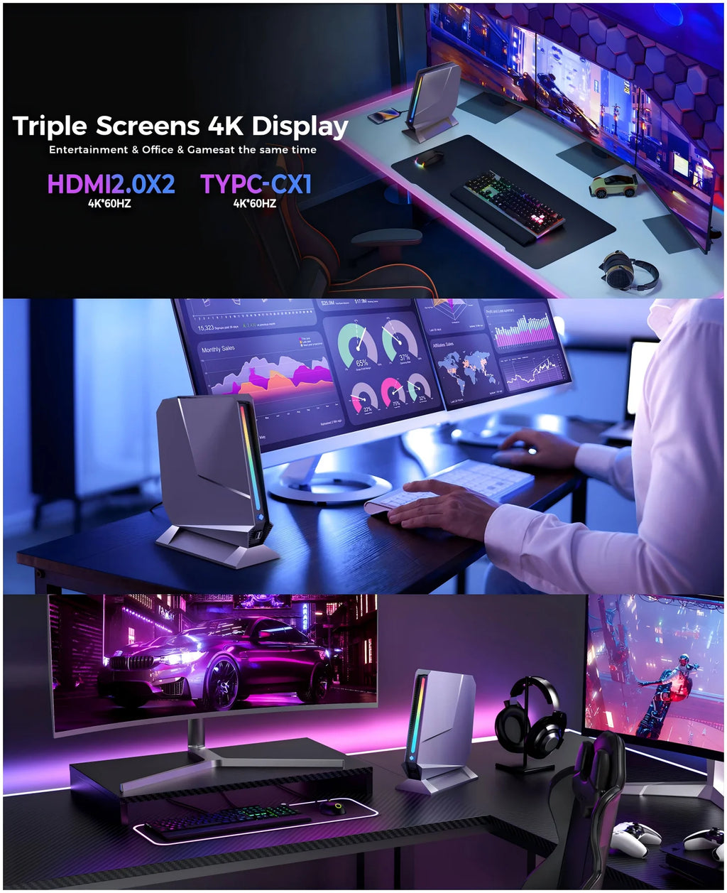 Desktop AI Office Gaming Mini Computer Core I9-13900HX RTX4070 8G Graphic 32G DDR5 1TB PCIE4.0 Triple 4K Display Win11 Mini PC