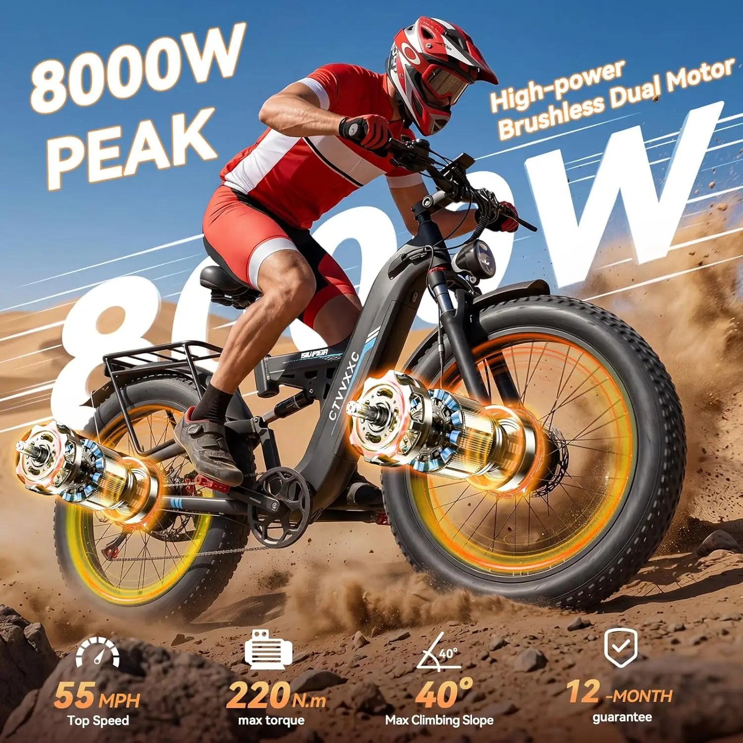 8000W Dual Motor Electric Bike for Adults, Ebike 55 MPH, 52V 30AH, E-Bike 120Miles, 26'' Fat Tire All Terrain E Bike for Men Wom