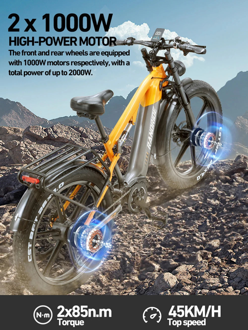 RANDRIDE YX80M-2 Electric Mountain Bike 2000W, 48V 20AH, 26-inch Fat Tire Adult E-Bike with Hydraulic Disc Brakes and 7-Speed