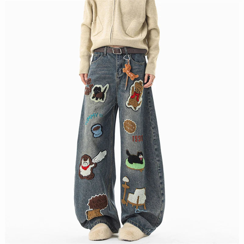 Hip Hop Cartoon Graffiti Graphic Appliques Baggy Jean Man Casual Embroidered Straight Wide-Leg Denim Pants Y2K Streetwear Jeans