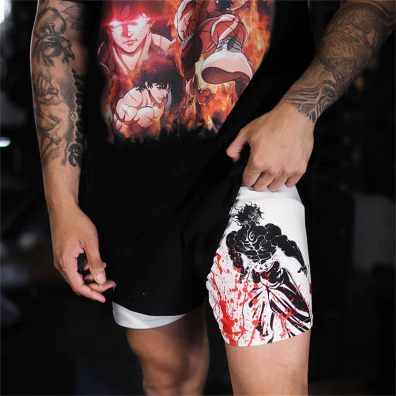 Anime Baki Hanma Gym Workout Shorts for Men Athletic Quick Dry 2 in 1 Compression Shorts Cosplay Costume