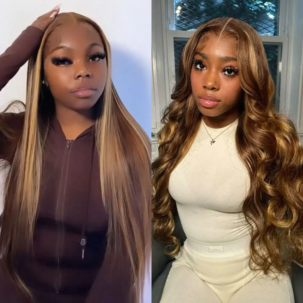Megeen 13X4 Transparent Lace Frontal Wig Highlight P4/27 Human Hair Honey Blonde Straight Lace Front Wig Colored Ombre Wigs Remy