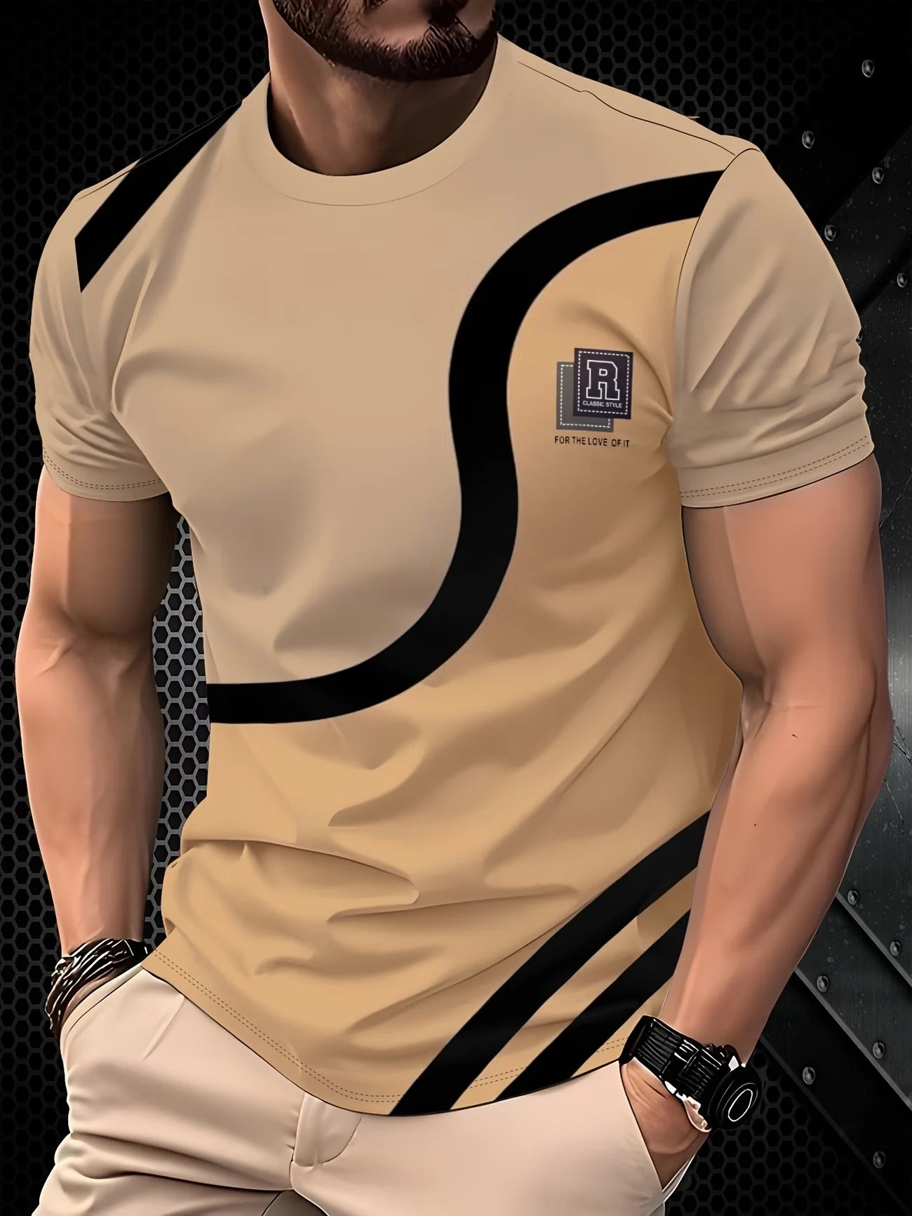 Men's Summer Color Block Striped T-Shirt, Black Green White Patchwork Design with Vertical Stripes & Minimal Logo, Streetwear St