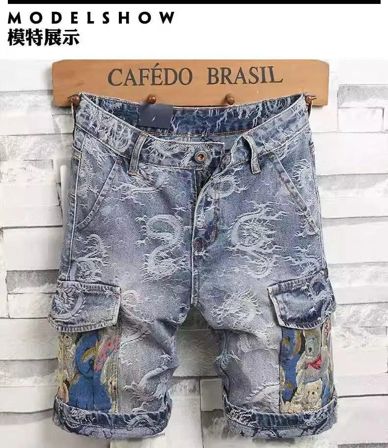 Dragon Embroidered Pants Men's Denim Shorts Men's Summer Thin Overalls 2025 New Designer Five-point Jeans Y2k Clothes Man