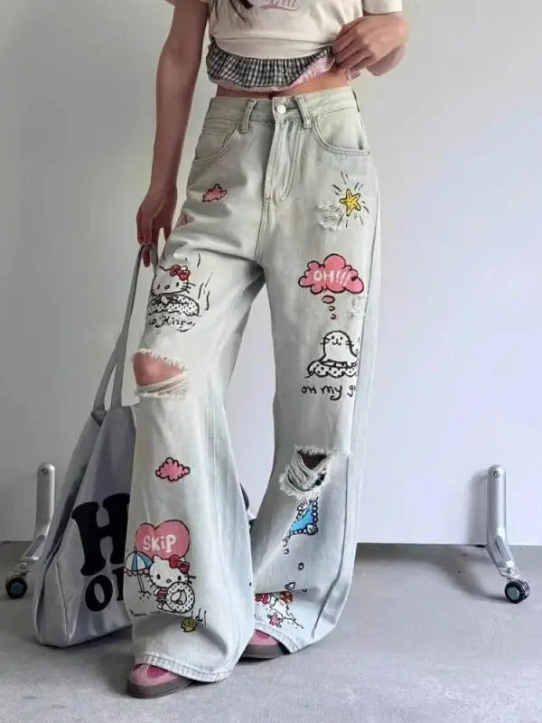 Kawaii Jeans Hello Kittys Ripped Wide-Leg Pants Cute Fashion Straight New Style Loose Comfortable Breathable Cartoon