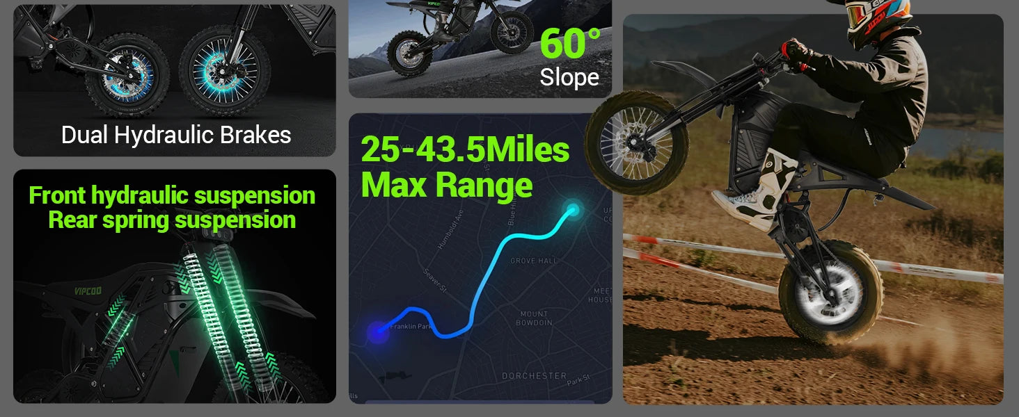 Electric Dirt Bike VIPCOO H3 3500W 48V23AH Electric Motorcycle Fat Tire Nitrogen Suspension E Dirt Bike for Teens and Adults