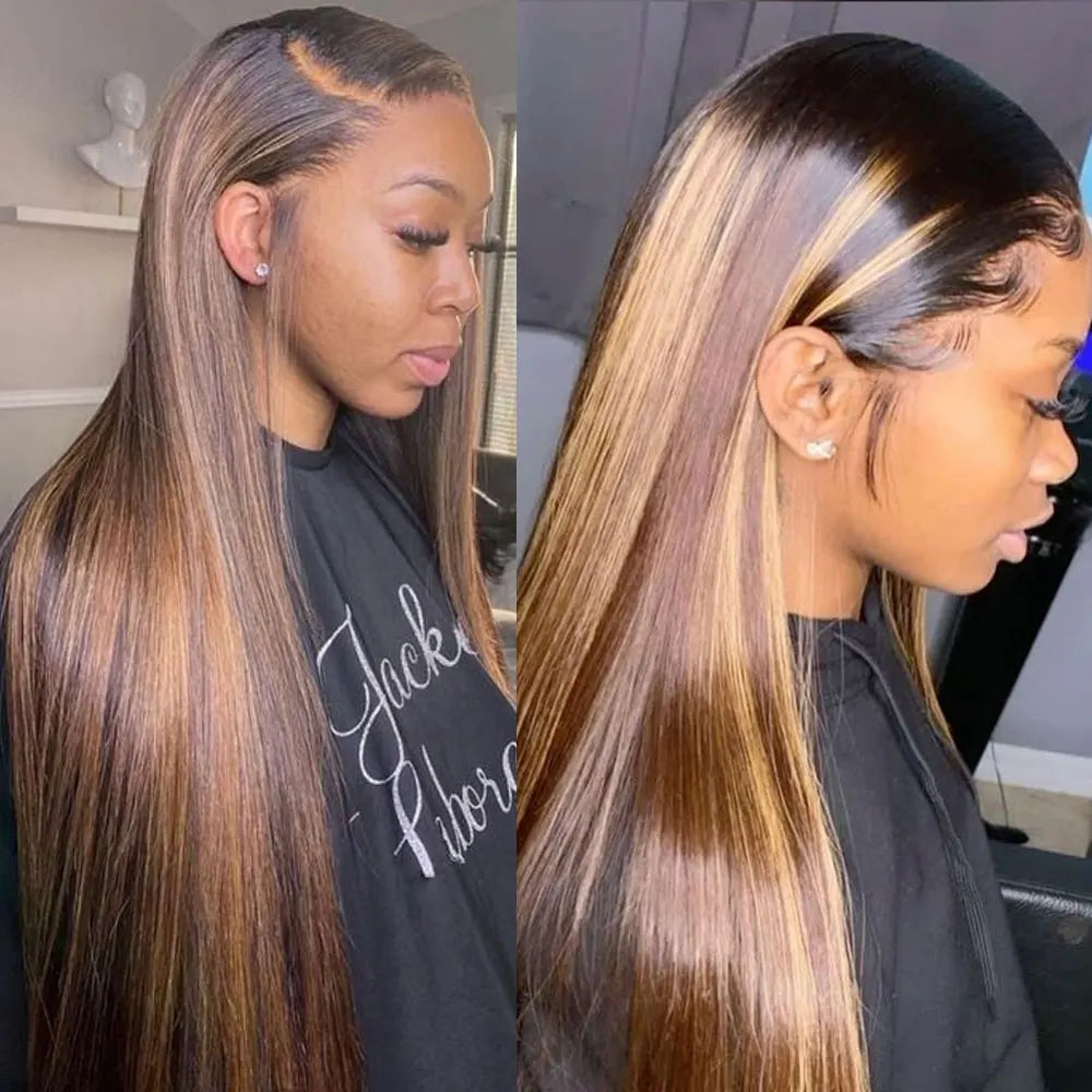Megeen 13X4 Transparent Lace Frontal Wig Highlight P4/27 Human Hair Honey Blonde Straight Lace Front Wig Colored Ombre Wigs Remy