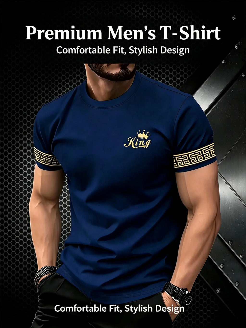 T Shirt for Man Men's Black and Golden Casual T-shirt Printed with "King" Crown + Arm Pattern Clothing Light Luxury Personality