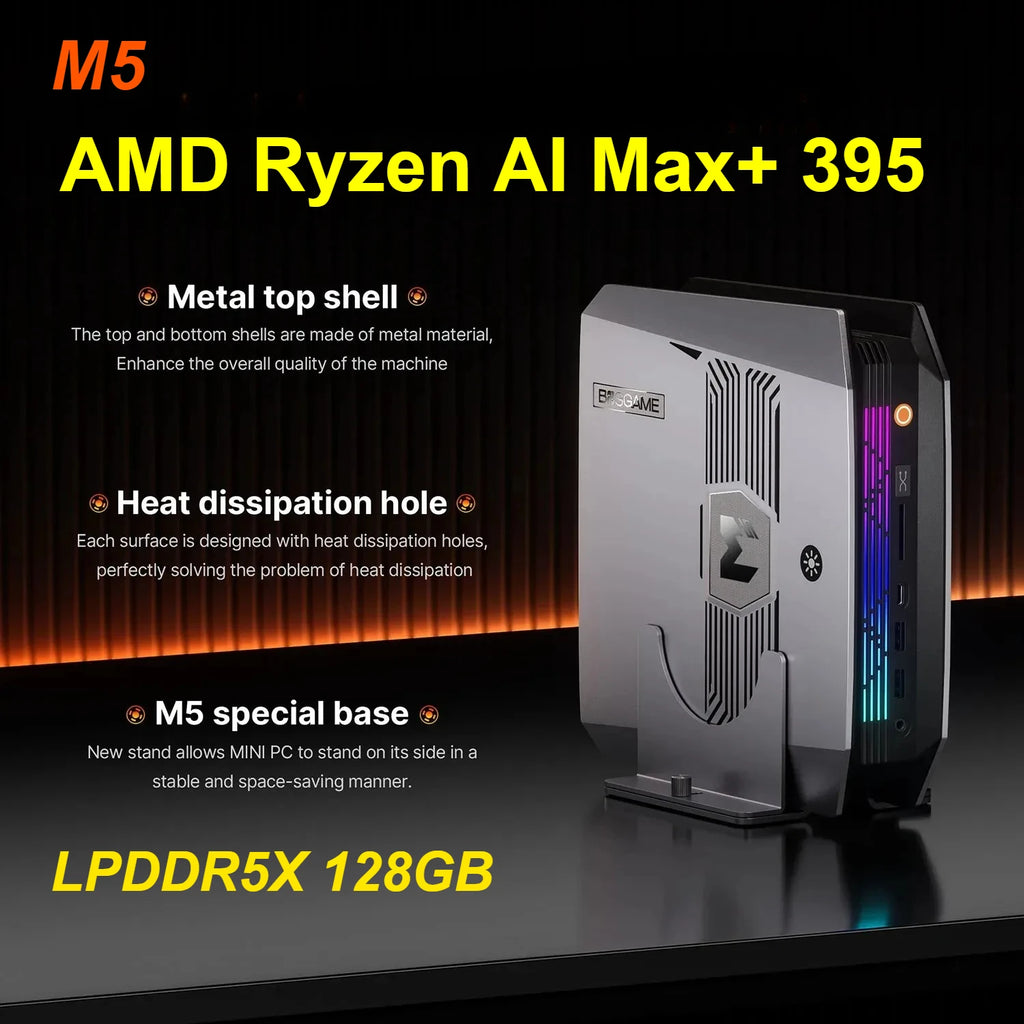 Bosgame M5 AI Mini PC AMD Ryzen AI Max+ 395 LPDDR5X 128GB 8000MHz 2*M.2 2280 SSD 2.5GbE WiFi7 BT5.2 USB4 Mini Gaming Computer