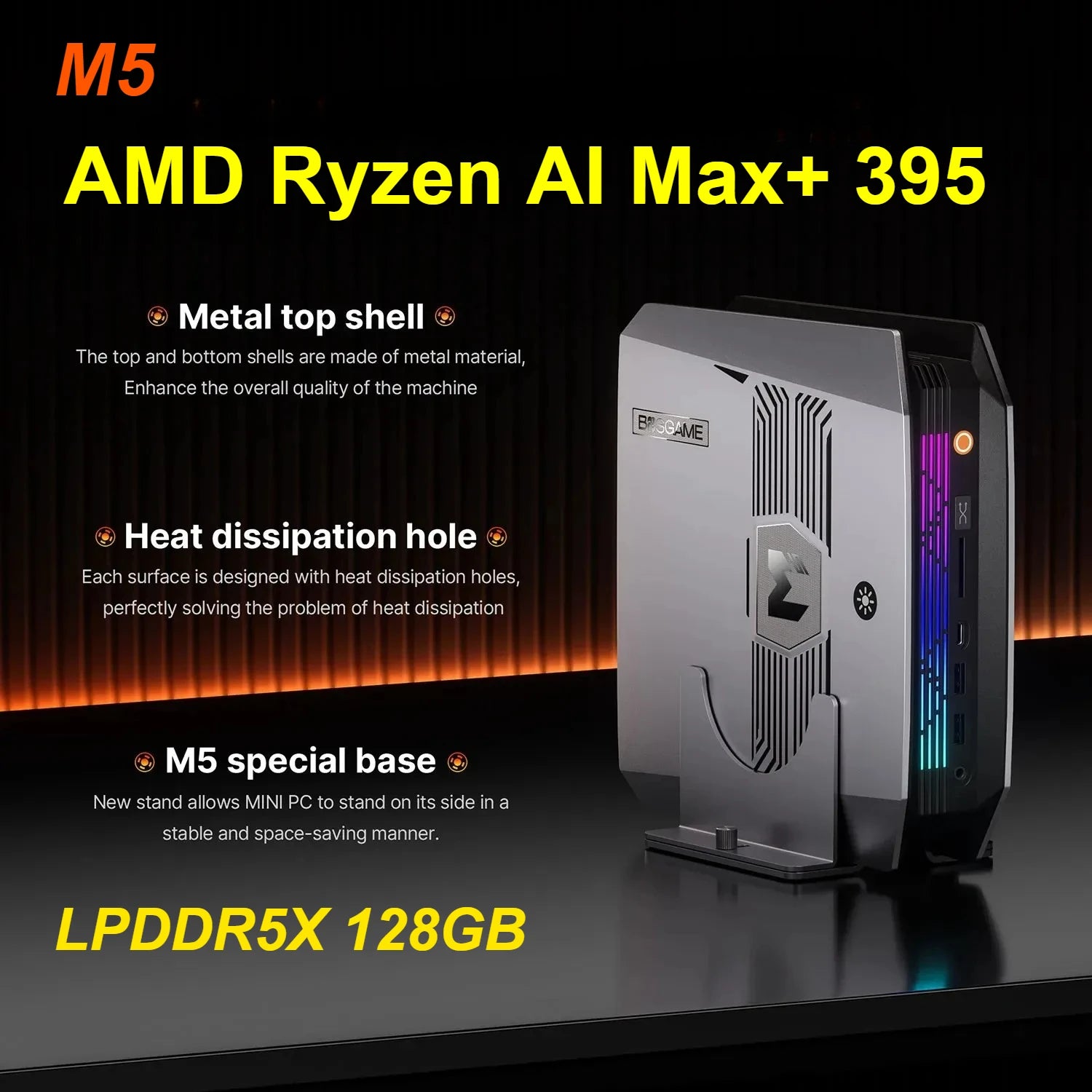 Bosgame M5 AI Mini PC AMD Ryzen AI Max+ 395 LPDDR5X 128GB 8000MHz 2*M.2 2280 SSD 2.5GbE WiFi7 BT5.2 USB4 Mini Gaming Computer