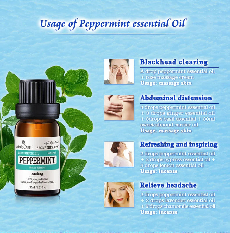 ARTISCARE 100% Peppermint Pure Essential Oil 10ml Deep Clean Pores and Black Head Cleansing Skin Relieve Tired and Headache