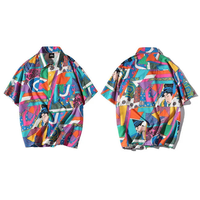 Men Loose Hip Hop Shirt Harajuku Japanese Ukiyo E Anime Shirt Short Sleeve Top Hawaiian Shirt Casual Streetwear Thin Summer 2025