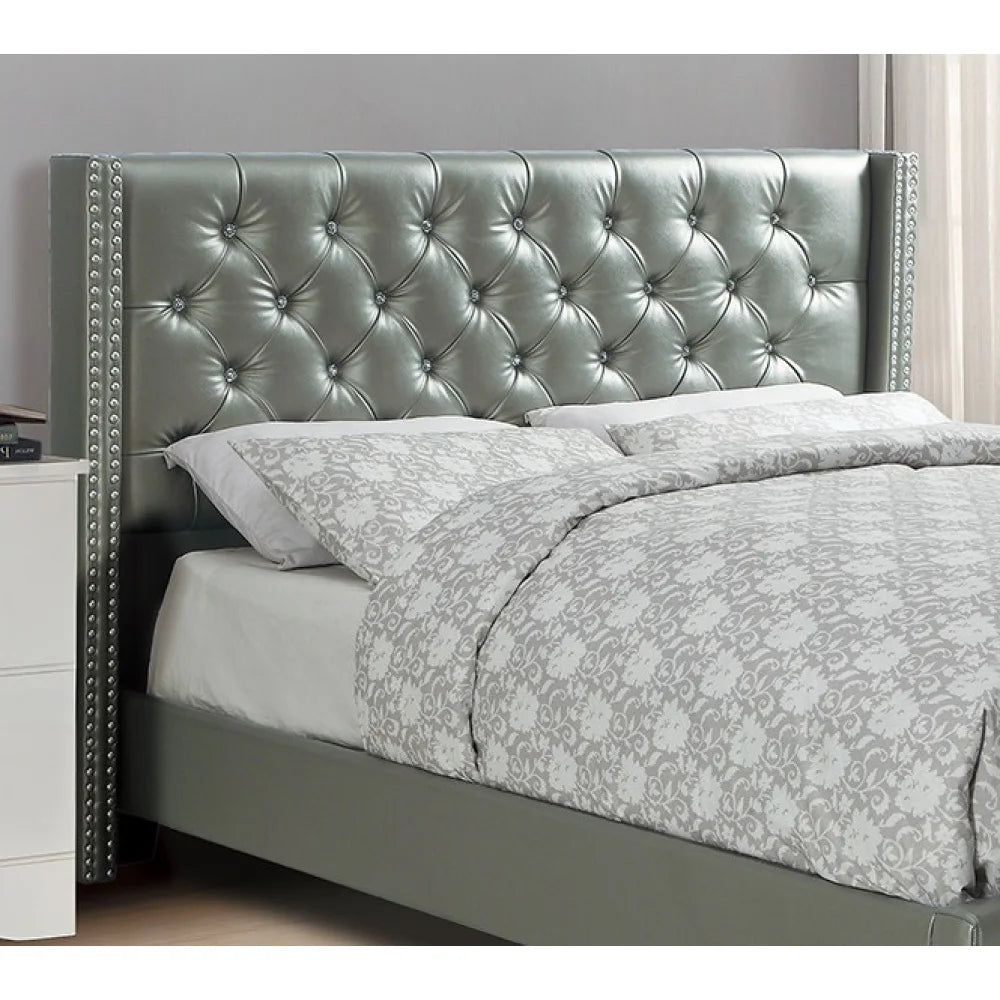 Full Size Silver Faux Leather Upholstered Tufted Bed Frame Headboard Bedroom Set