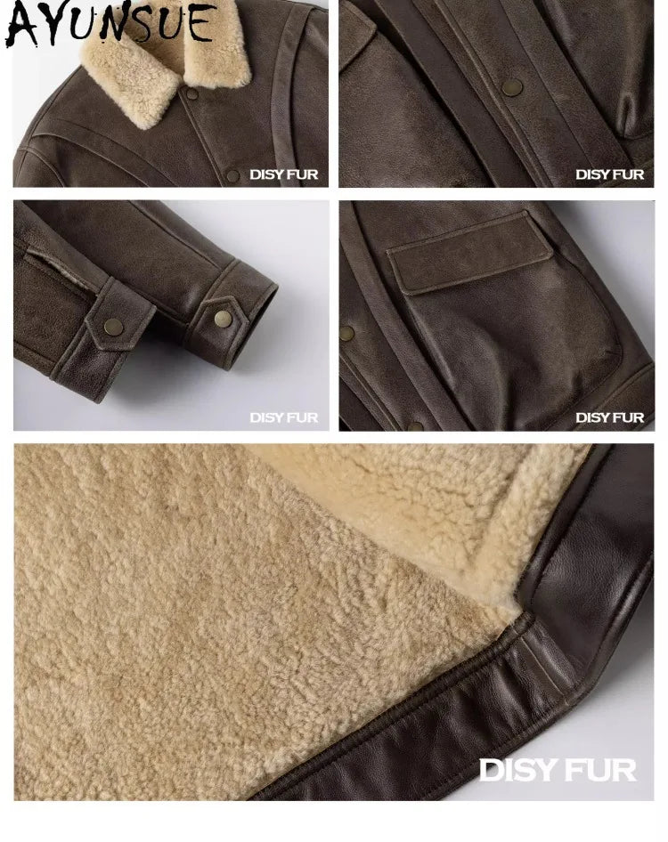 AYUNSUE Natural Sheepskin Fur Coat Men Autumn Winter New Short Real Wool Man Vintage Leather Jacket Motorcycle Fur Coats Jackets
