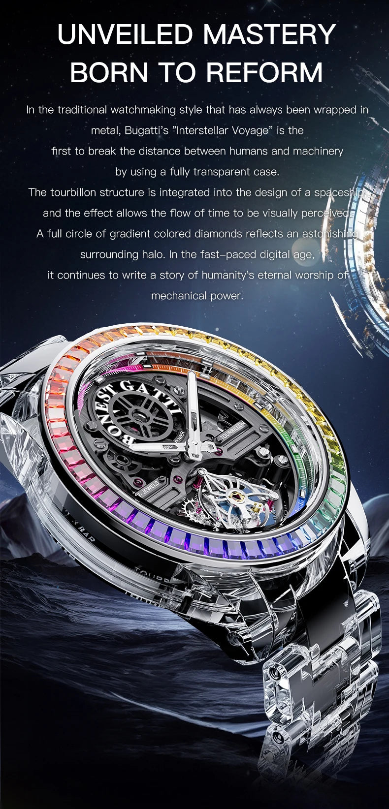 BONEST GATTI Luxury Skeleton Tourbillon Watch for Men K9 Crystal Case with Rainbow Bezel Automatic Mechanical Wristwatch