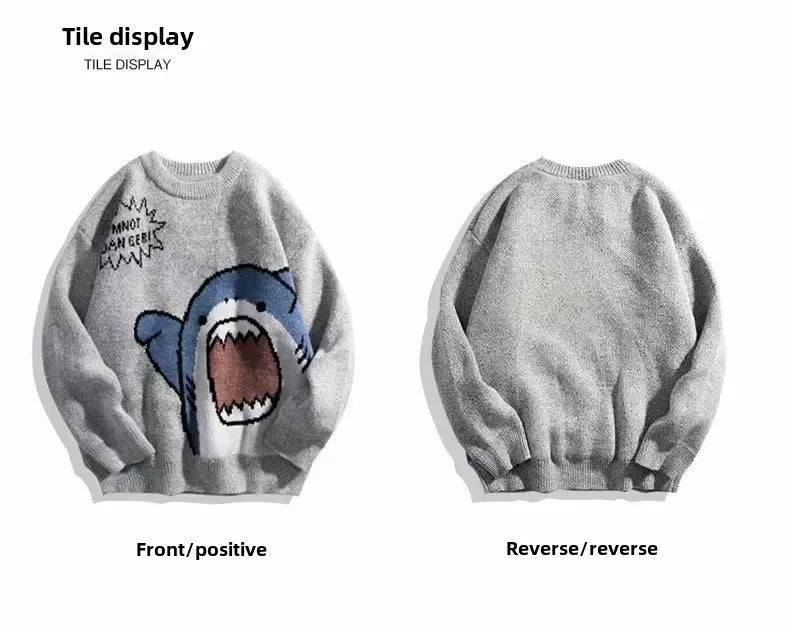 Autumn/Winter Japanese Cartoon Shark Round Neck Couple Sweater Men's Trendy Brand Loose-Fit Korean Knitted Top Hong Kong Style