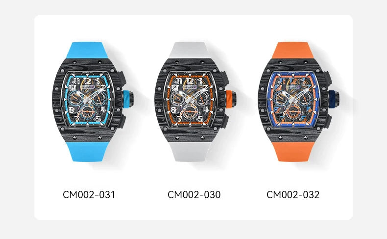 CRONUSART Men Automatic Watch 50MM Chronograph Tonneau Mechanical Wristwatch Sport Carbon Fibre Case Luminous Fluororubber Strap