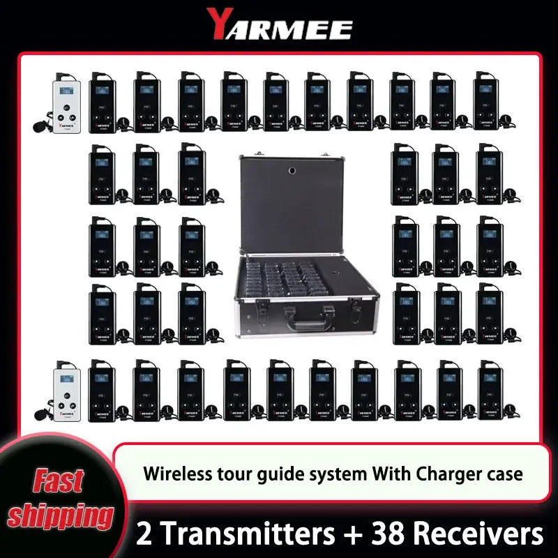 YARMEE Full Set Wireless Audio Tour Guide System  2 Transmitters +38 Receivers With Microphone Charger case
