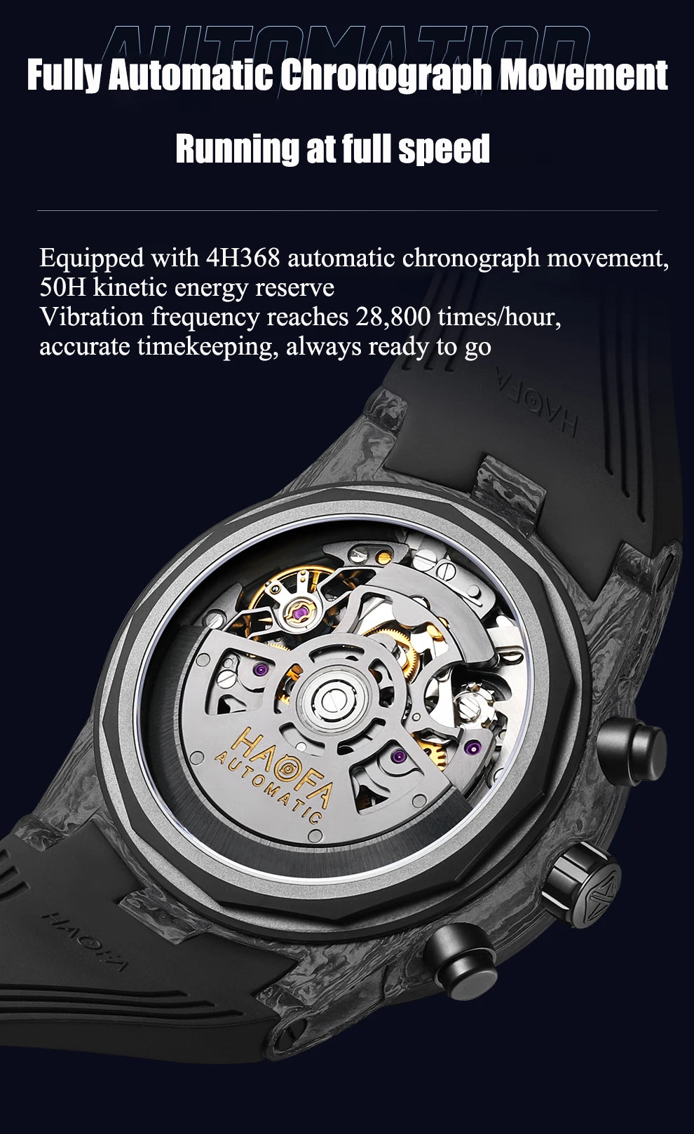 Haofa Carbon Fiber Chronograph Watch Automatic Mechanical Watches for Men Sapphire Waterproof Watch Cool Multi-function 2366