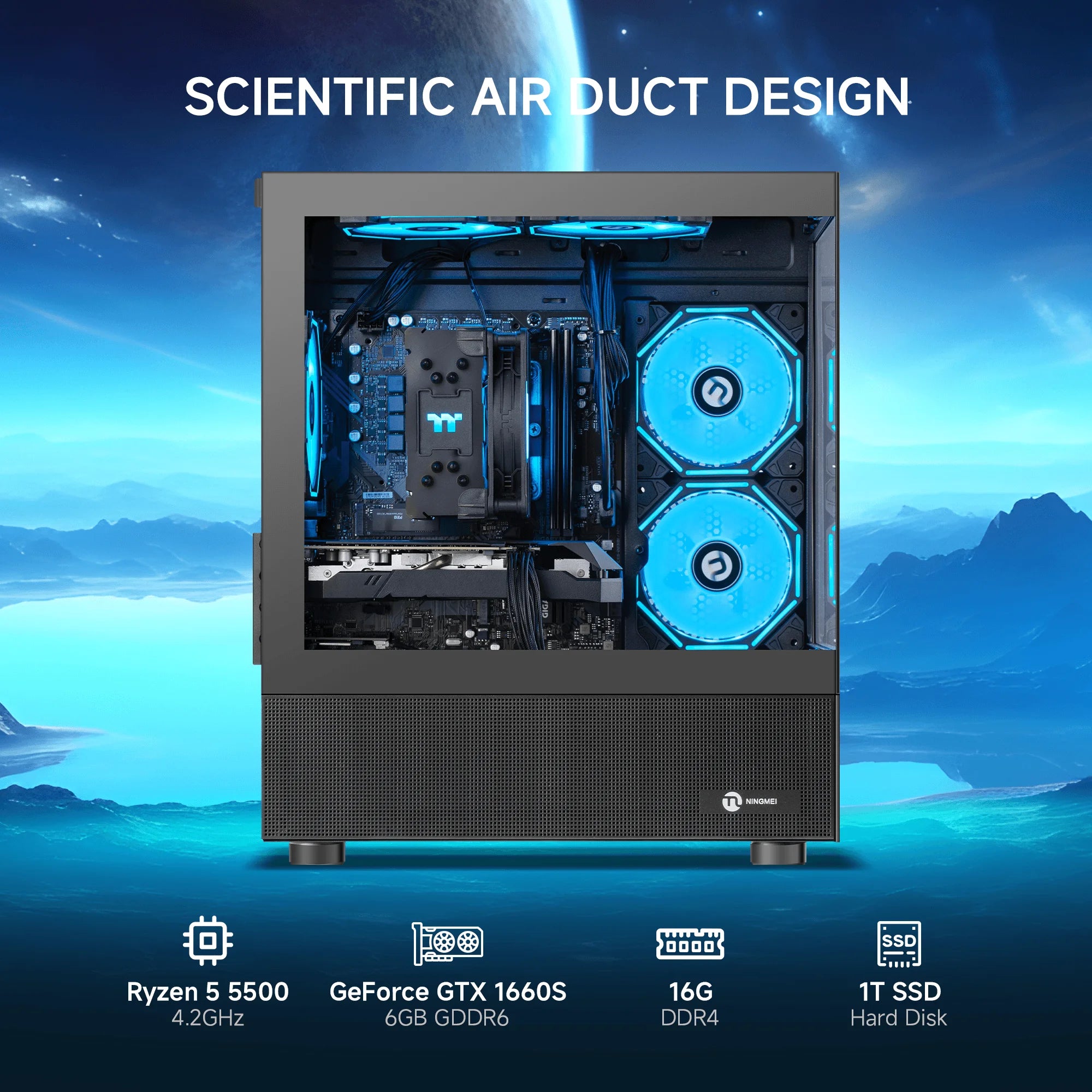 Ningmei Lumishore Gaming PC AMD Ryzen 5 5500 NVIDIA GTX 1660 Super 16GB RAM 1TB SSD Windows 11 Wifi PC Gaming