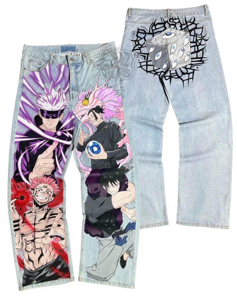 Y2K Vintage Harajuku Anime Graphic Jean Streetwear Retro Japanese Cartoon Print Loose Fit Denim Pants High Street Men Women Jean
