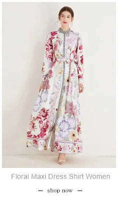 Women Casual Midi Shirt Dress Long Sleeve New Comings Fashion Design Cartoon Print Lady Streetwear Flower Vestidos Large Size