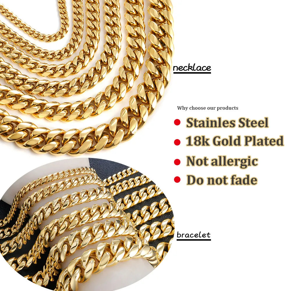 8-16mm 316L Stainless Steel Hip Hop Jewelry Curb Miami Cuban Link Chain Necklace Bracelet Gift for Men Women