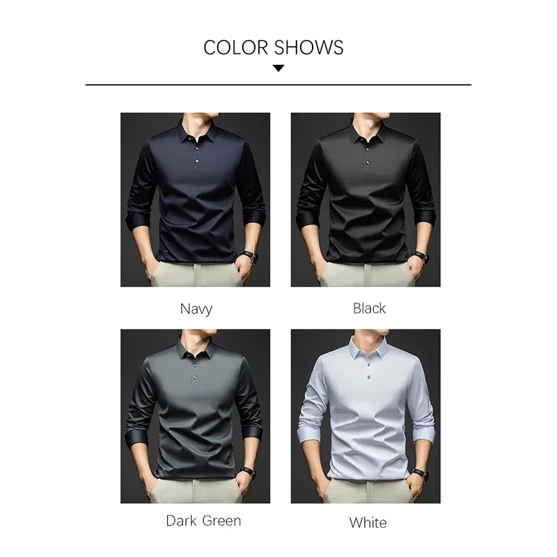 BROWON 2025 Spring Autumn Casual Work Tops Man Tshirt Long Sleeve Solid Color Soft Elegant Business Mulberry Silk T Shirt Man