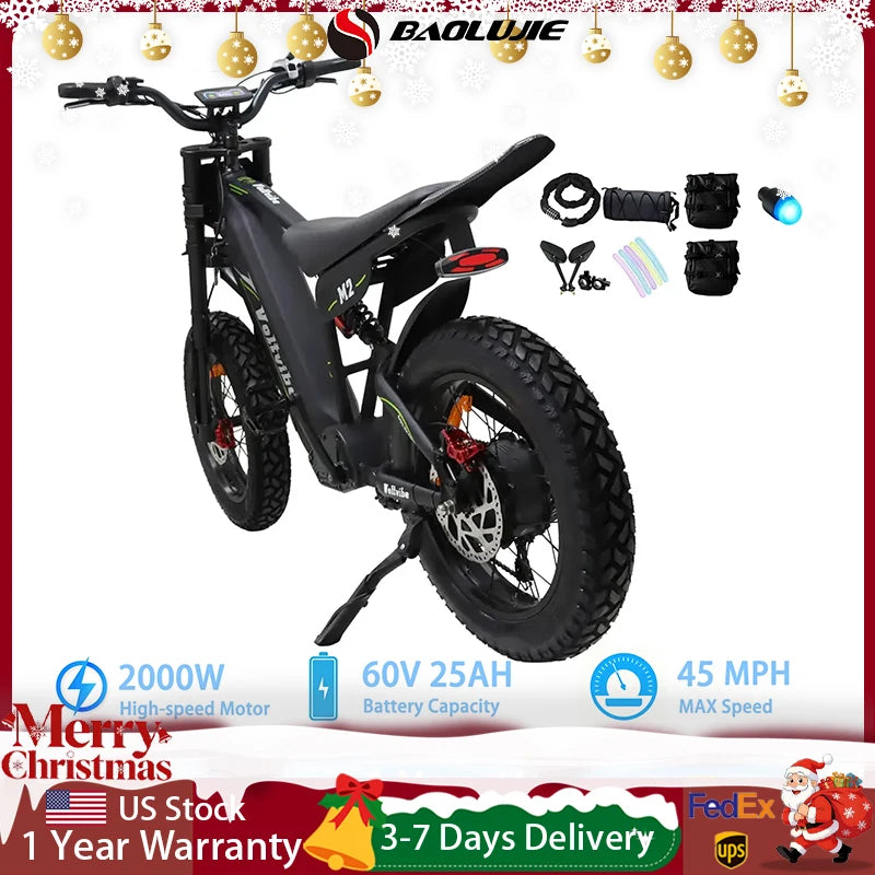 BAOLUJIE M2 Electric Bike Adults Mountain Bike 60V 25AH 20" Tires Ebike 2000W High-speed Motor Max Speed 45MPH【1 Year Warranty】