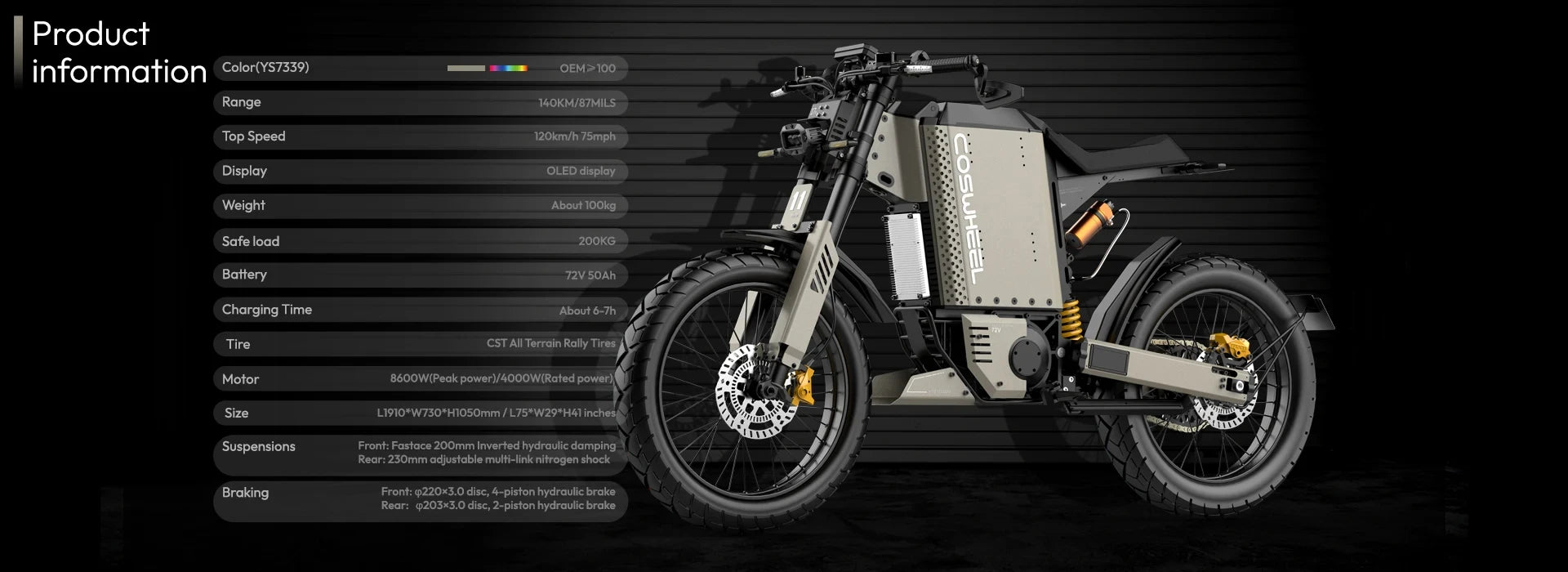 SLDBK Electric Motorcycles 8600W Peak Electric Bike New Adult Off Road Ebike Electric Dirt Bike 72V50AH Lithium Battery E-bike