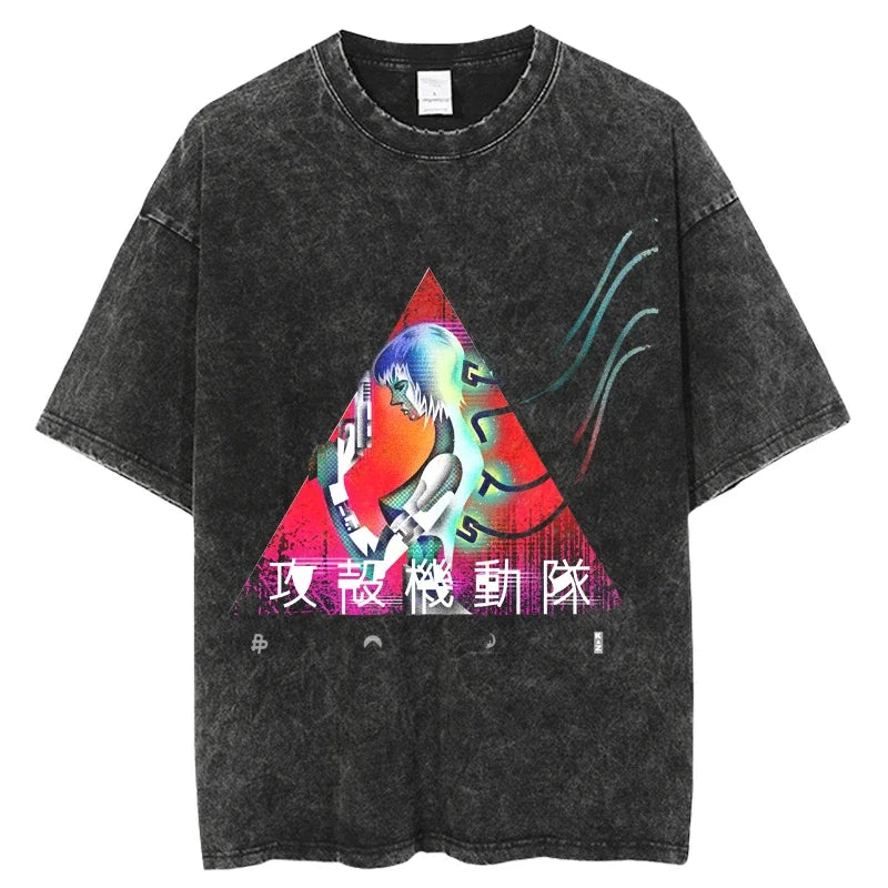 2024 Anime Ghost in the Shell Washed T-shirts Mens Clothing Graphic Manga Harajuku Tees Unisex Summer Top Male Streetwear
