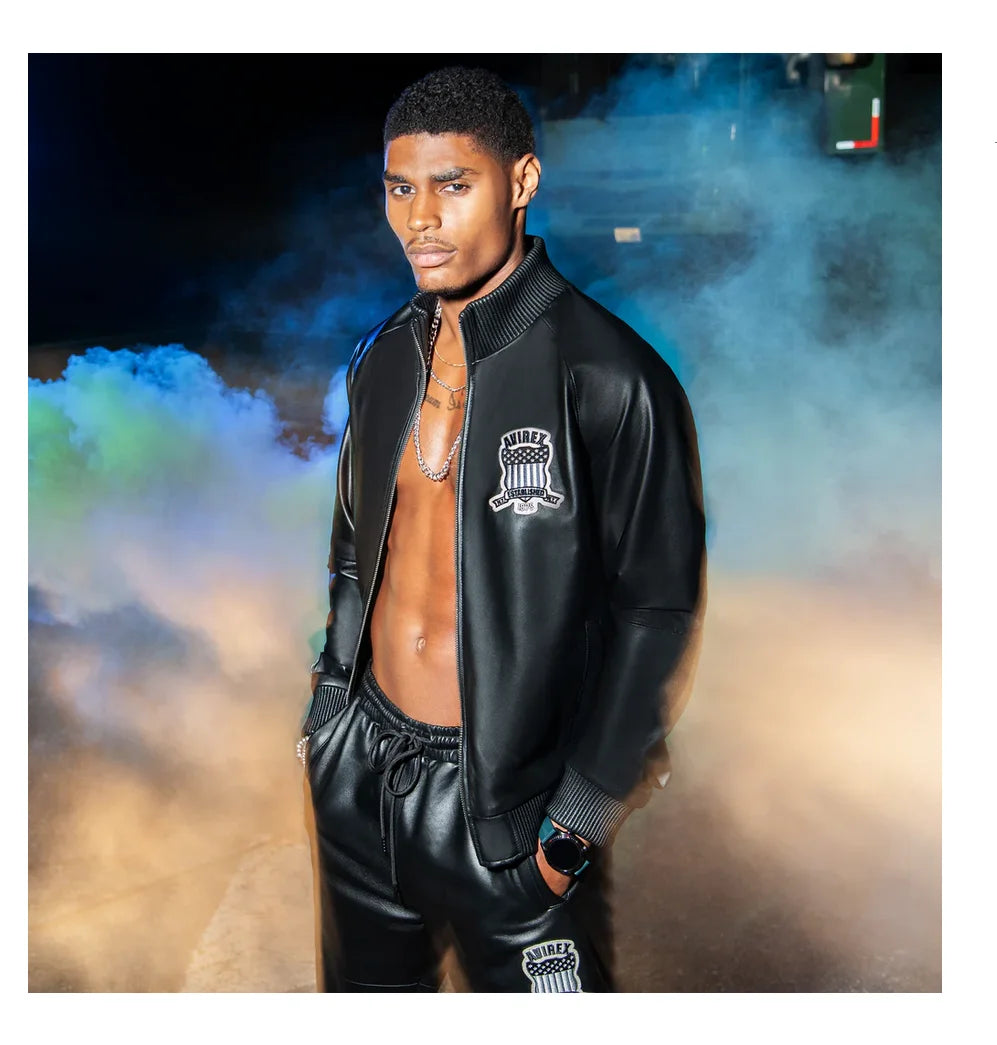 Leather Track Stand Collar Baseball Soft Nappa Sheepskin Sports coat Avirex Icon Appliqué Embroidery Men Genuine Leather Jacket