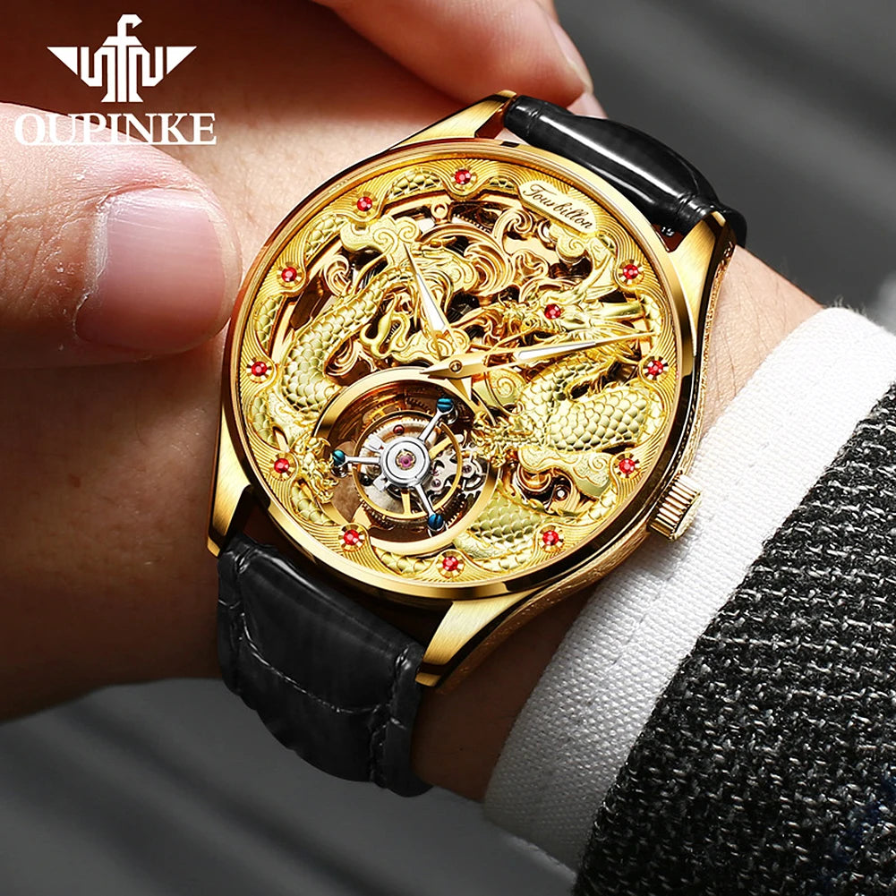 OUPINKE 3176 Original Tourbillon Automatic Movement Men's Watch Leather Strap Waterproof 3D Golden Dragon Fashion Watch Man