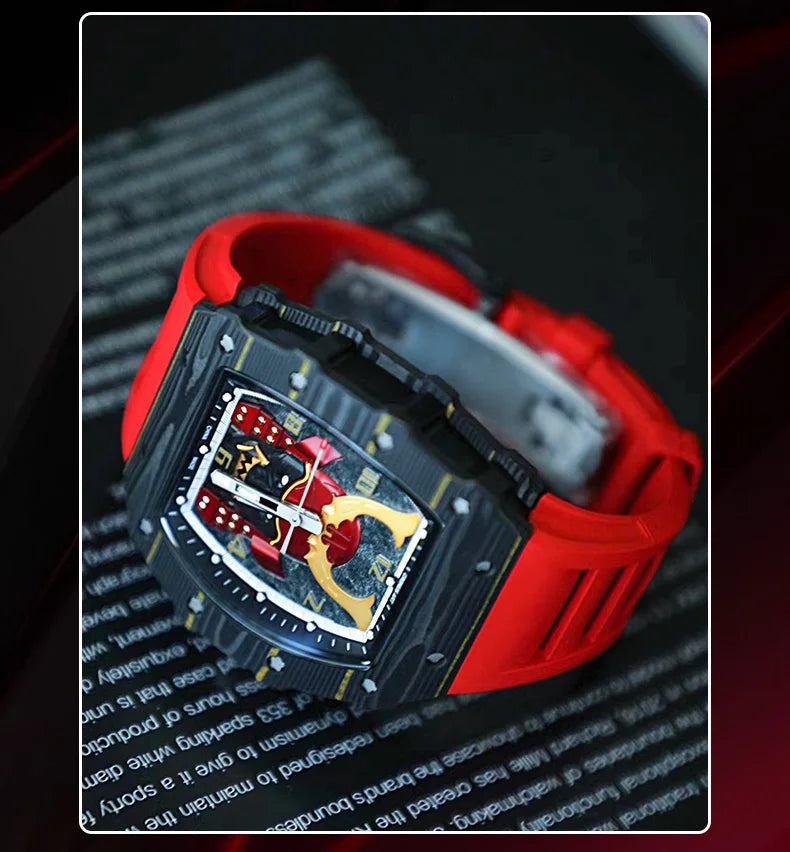 CRONUSART Men Automatic Watch Luxury Mechanical Wristwatch NTPT Carbon Fibre Tonneau Case Luminous Fluororubber Strap Skeleton