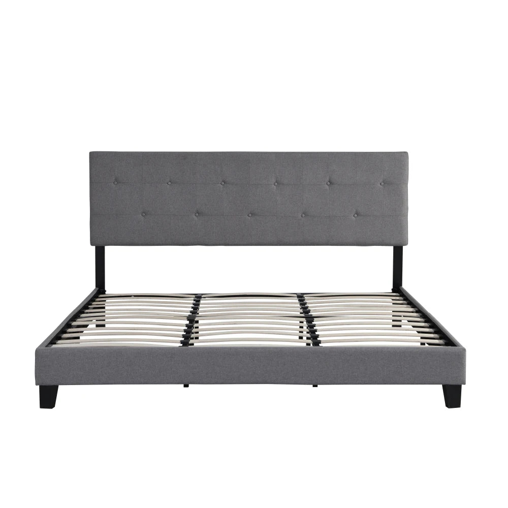 King Size Upholstered Platform Bed Frame - Button Tufted Linen Headboard, No Box Spring, Wood Slat, Easy Assembly, Gray
