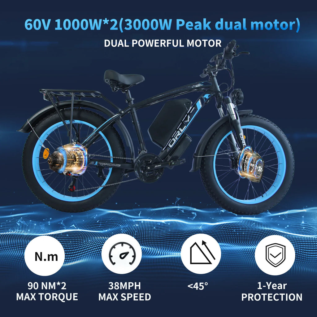 3000W Dual Motor Electric Bicycle 60V 25Ah 38 MPH 26" Fat Tire E-Bike for adults