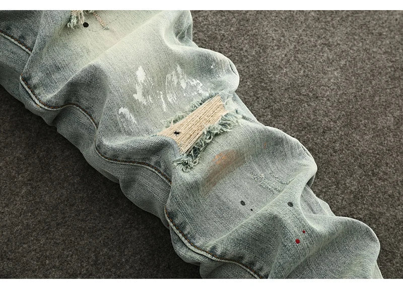 High Street Fashion Men Jeans Retro Washed Blue Stretch Slim Fit Ripped Jeans Men Painted Designer Vintage Denim Pencil Pants