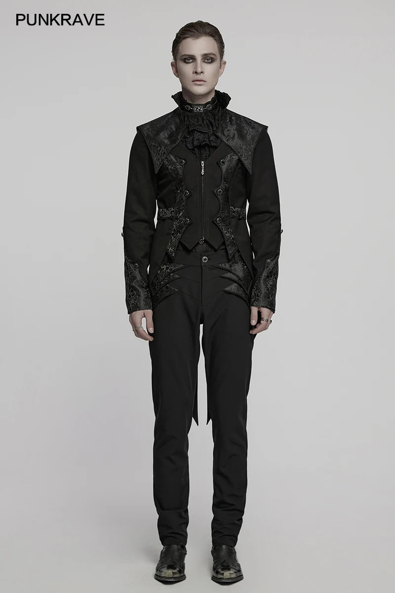 PUNK RAVE Men's Gothic Textured Jacquard Luxury Gentleman Tuxedo Handsome Stand Up Collar Cloud Shoulder Style Elegant Jacket
