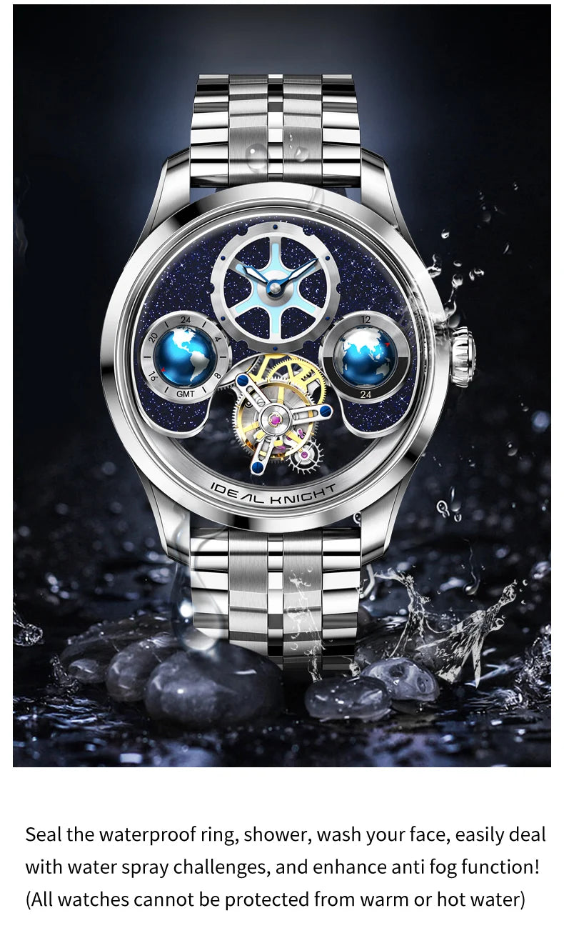 IDEAL KNIGHT Real Tourbillon Automatic Watches for Men 43mm Large Dial Blue Earth Series High-end Luxury Brand Mechanical Watch