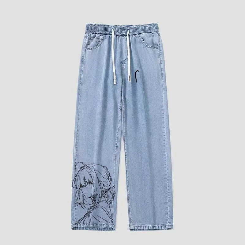 Anime Themed Hand-Dn Sketch Print Jeans Straight Leg mid Waist Digital Printing Cotton Denim Spring Autumn Wear for Teens