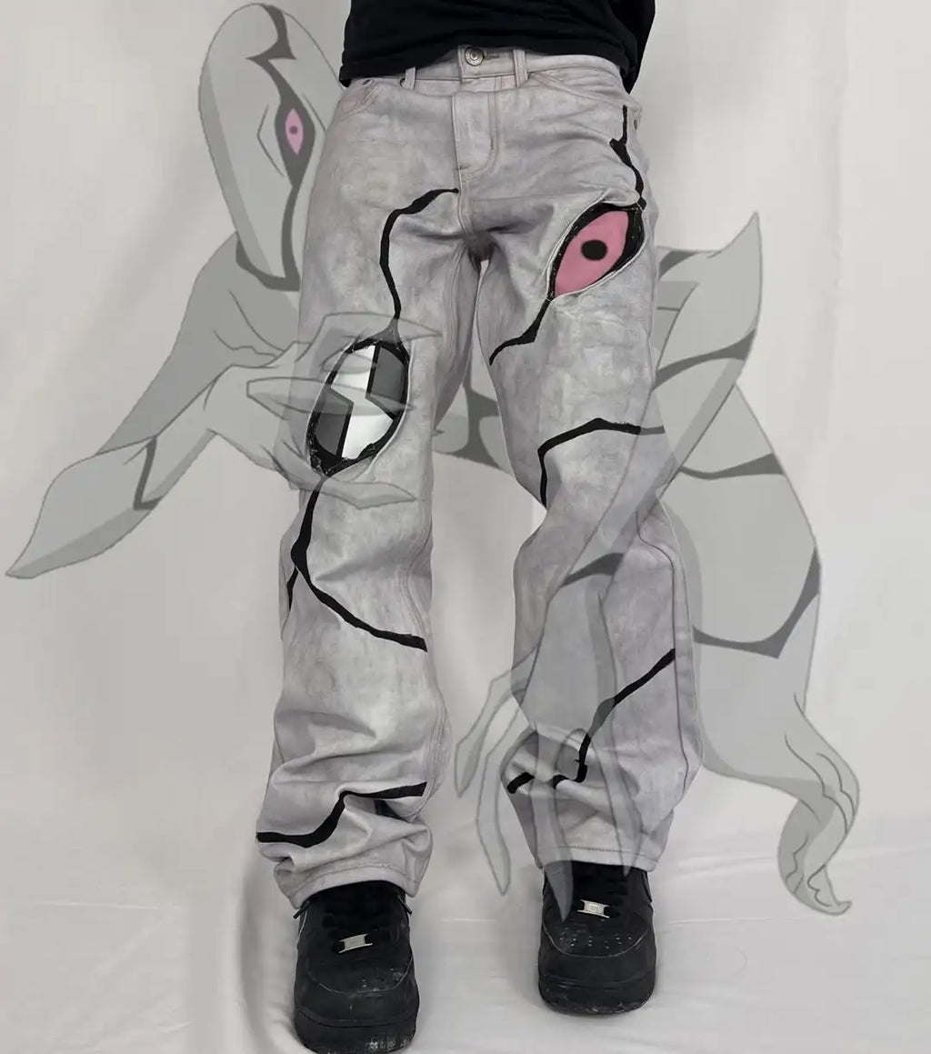 Hip Hop Street Denim Pants, Retro Anime Patterns, Patchwork Embroidery, Men's and Women's Straight Leg Jeans