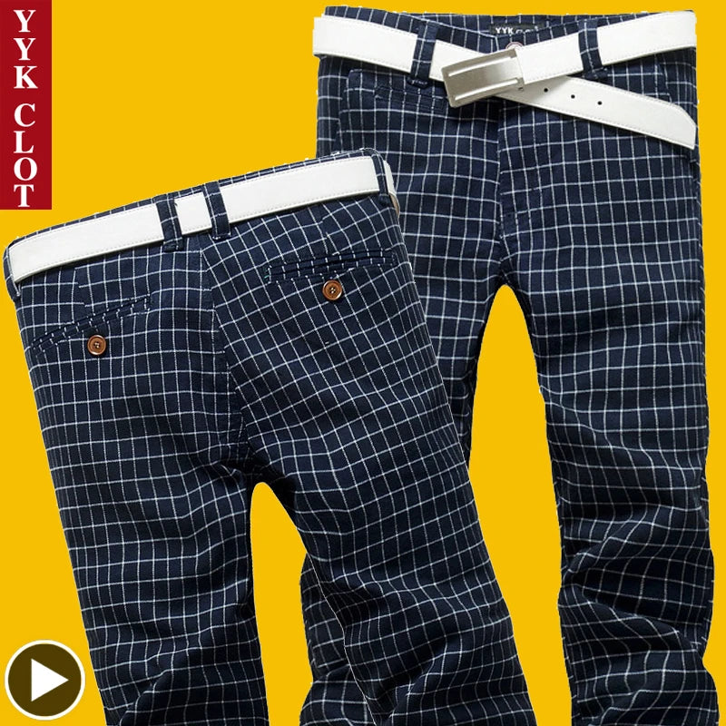 Summer dress pants for men Cotton Casual cargo Pants Man Straight Loose Suit pants Plaid Trousers Male Big size Brand Clothes